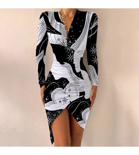 Print Long Sleeve Bodycon Irregular Dresses