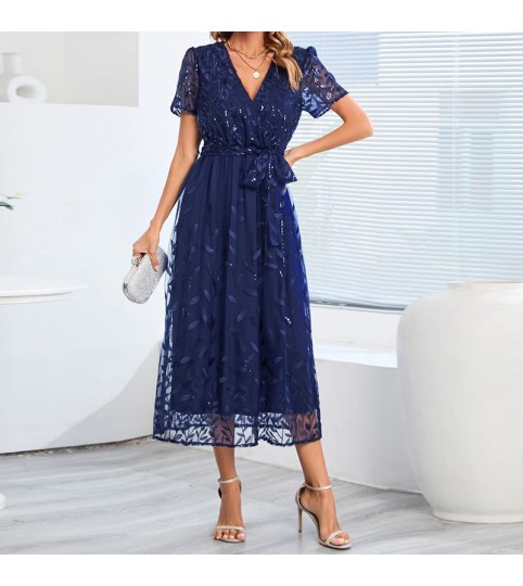 Short Sleeved Lace Up V-Neck Mid Length Dress Women'S Wedding Guest Dress Party Dress