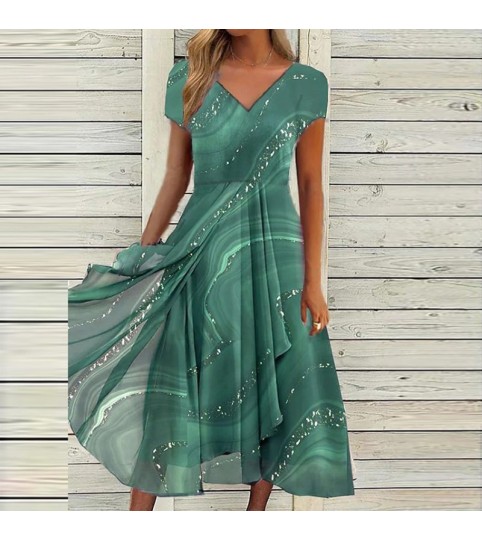 Floral Patchwork New Long Dress Print Summer V Neck Formal Party Dress