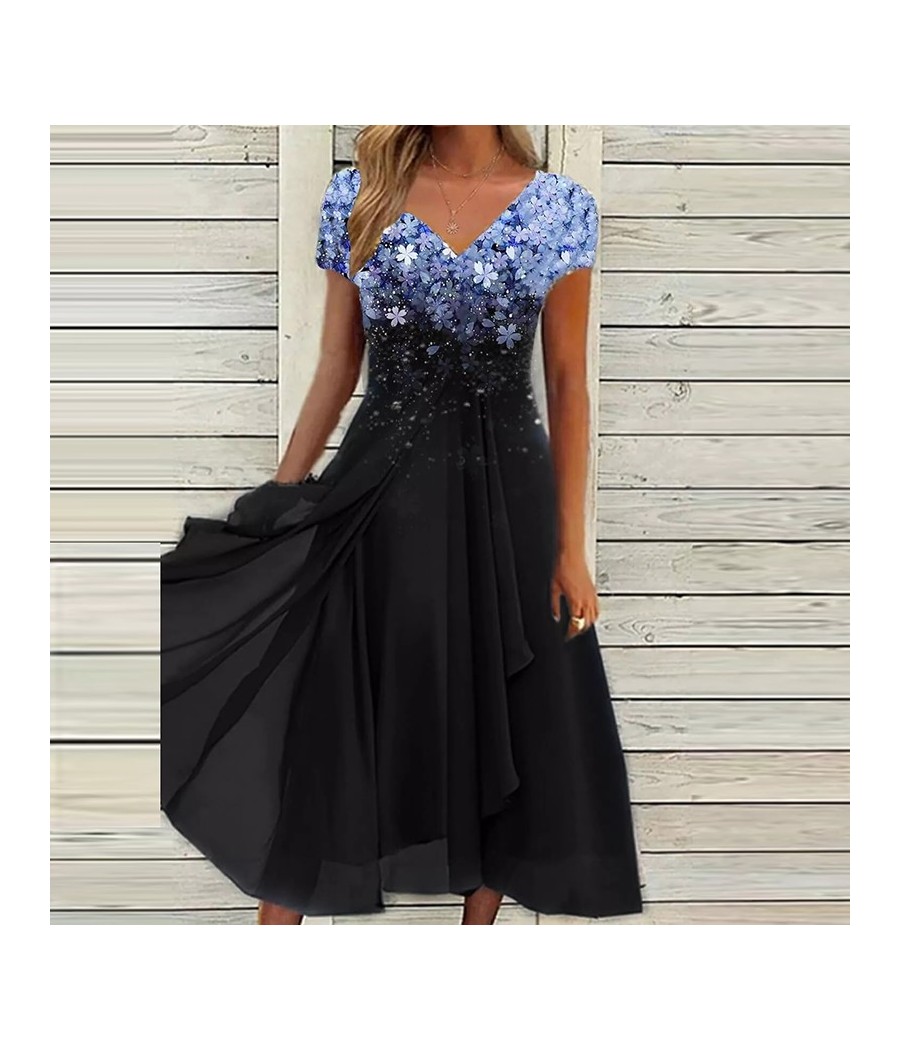 Floral Patchwork New Long Casual Dress Lace Dress V Neck Stylish Vacation Sheath Dress Midi Dress