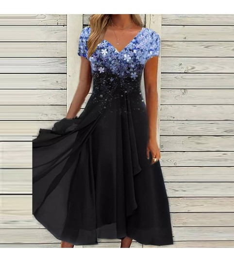 Floral Patchwork New Long Casual Dress Lace Dress V Neck Stylish Vacation Sheath Dress Midi Dress