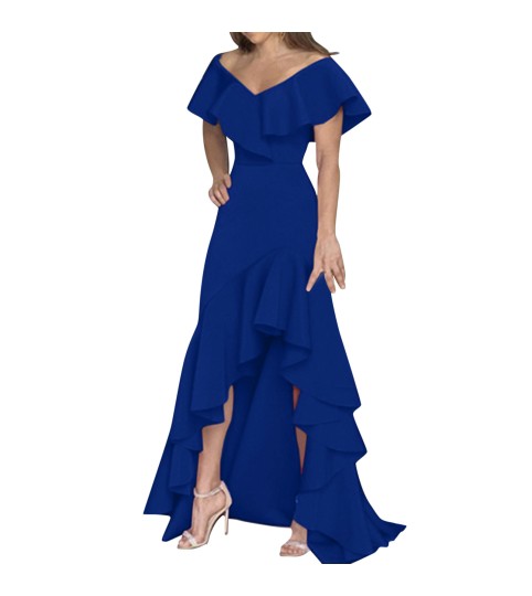 V-Neck Highwaist Ruffle Irregular Dress Short Sleeve Color Party Dress Maxi Long Dress