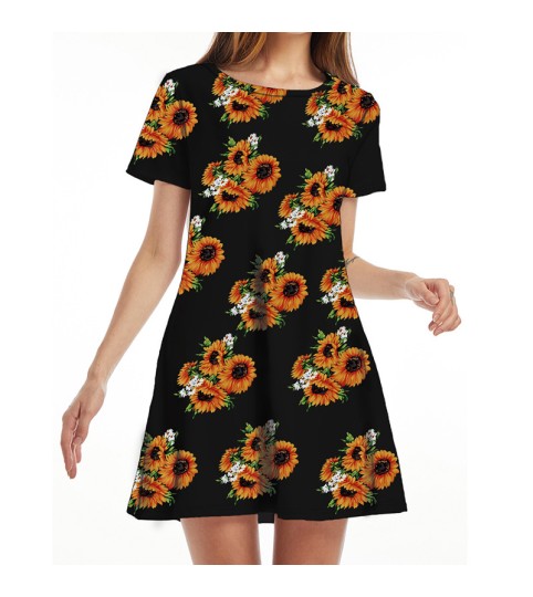 Womens Leopard Sunflowers Snake Whirlpool Strawberry Dragon Thick O-Neck Party Summer Dress