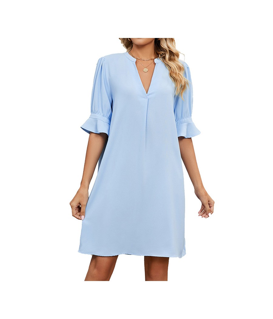 Sumeer New Light Blue Solid V-Neck Loose Fitting Dress for Women