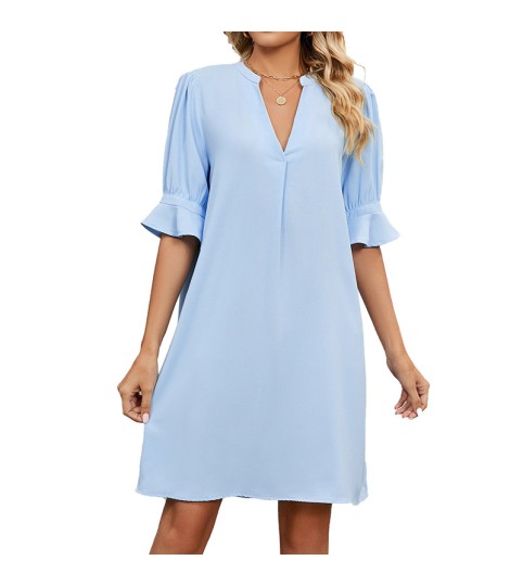 Sumeer New Light Blue Solid V-Neck Loose Fitting Dress for Women