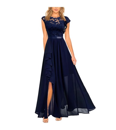 Navy Sleeveless High Waist Long Dress Lace Dress Evening Dress