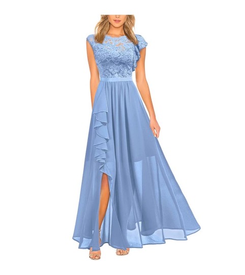 Blue Sleeveless High Waist Long Dress Lace Dress Evening Dress