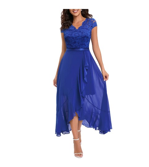 V-Neck Irregular Swing Maxi Dress Half-Sleeved Lace Party Dress